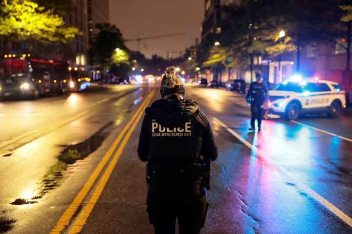woman police officer standing at the crime scene