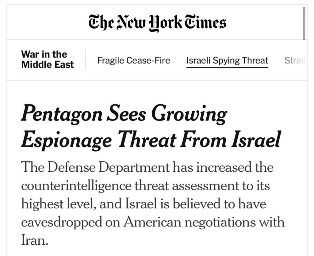 Screenshot of the new york times article titled "pentagon sees growing espionage threat from isreal"