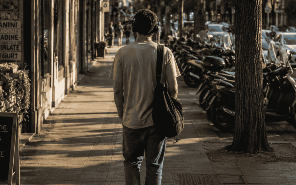 man wearing headphones walking in the street