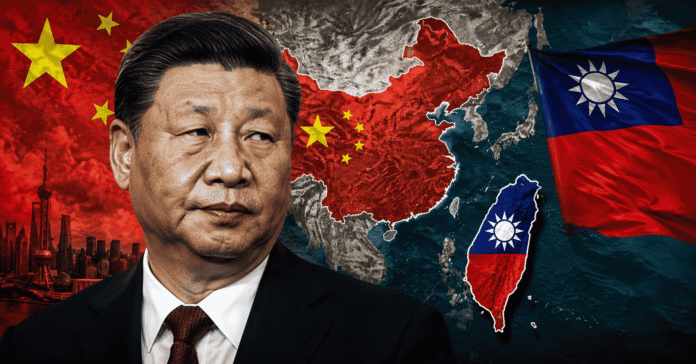 portrait of chinese president xijinping with the map of china and taiwan in the background